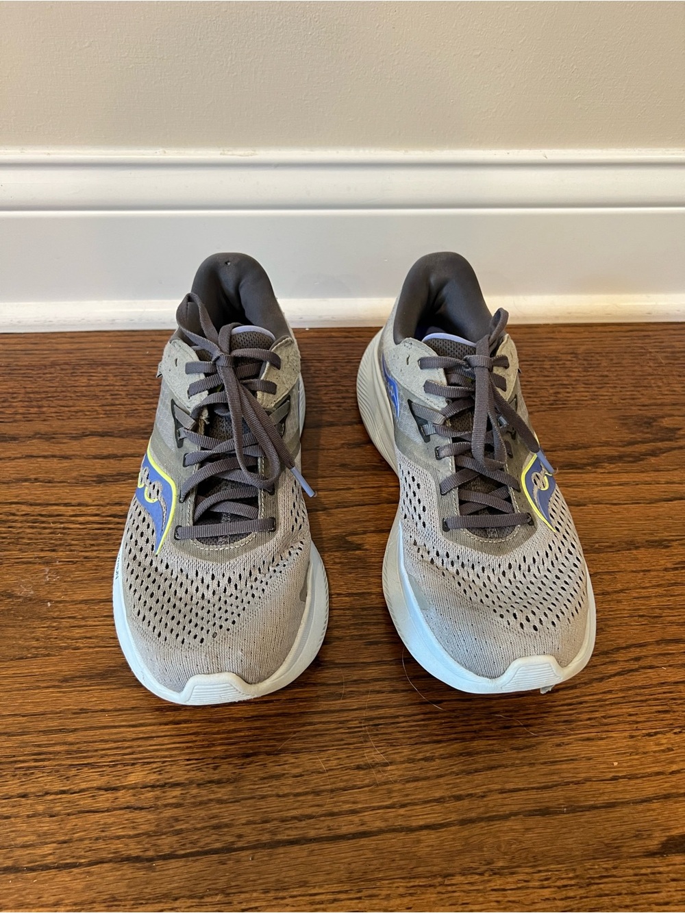 Saucony Gray and Blue Athletic Shoes with Yellow Accent